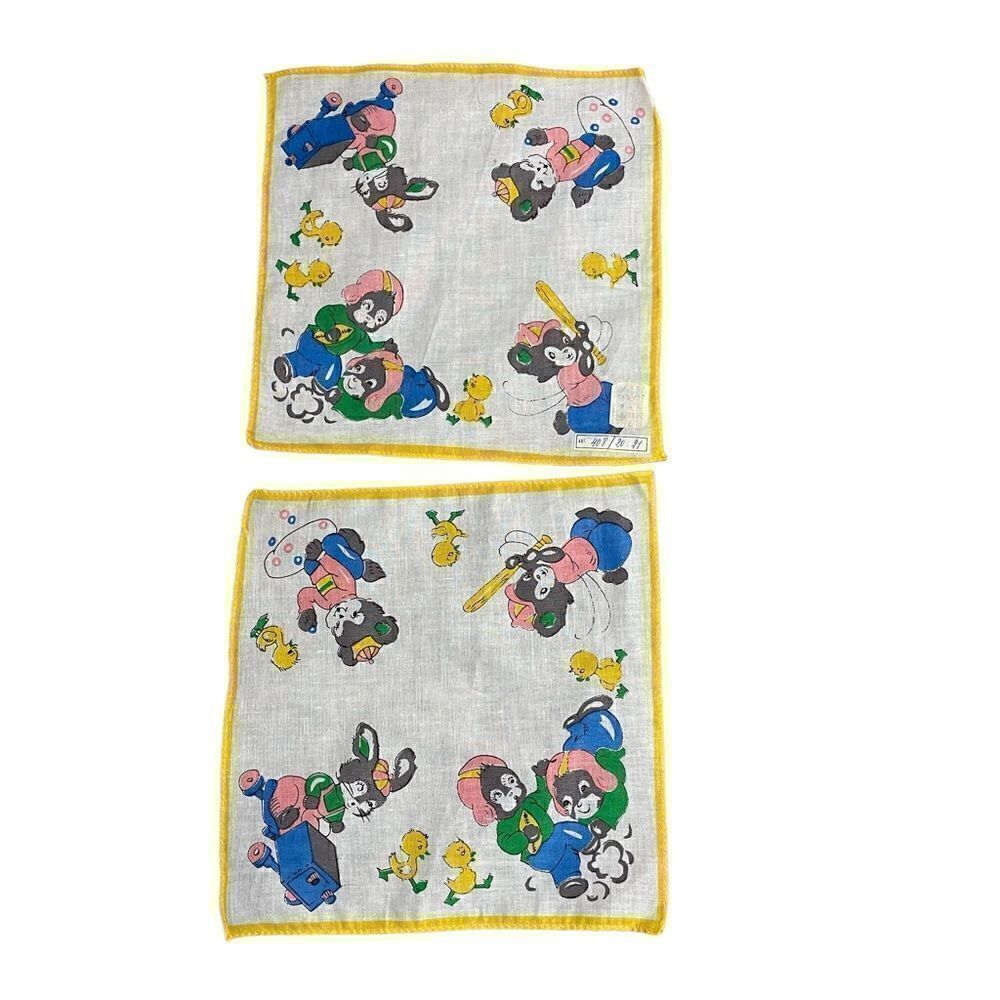 2 Cartoon animals motif Children’s handkerchiefs -Vintage.